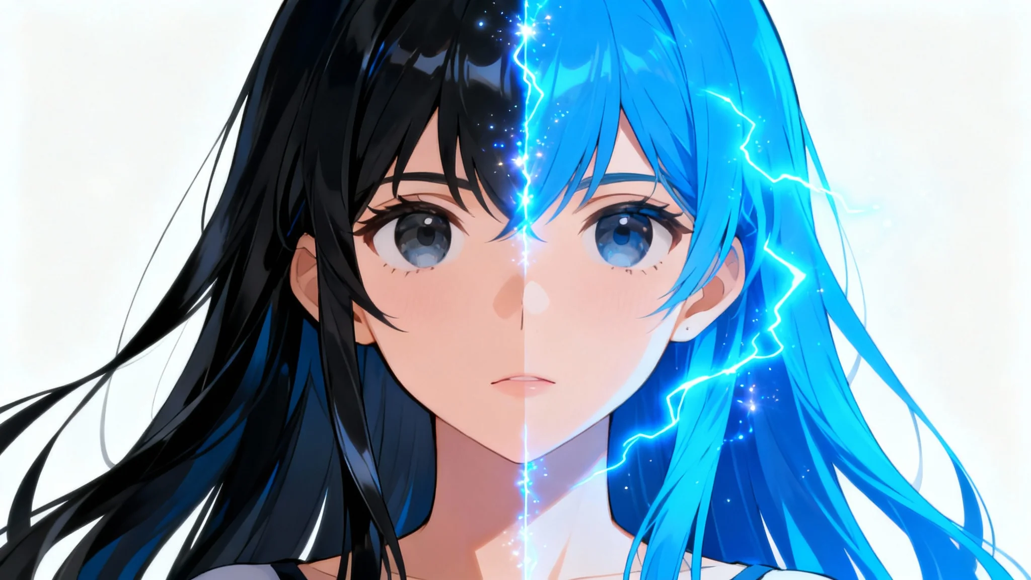 A close-up portrait of an anime girl's face, her hair is perfectly divided into two colors, one side is black and the other is glowing electric blue, set against a plain white background.