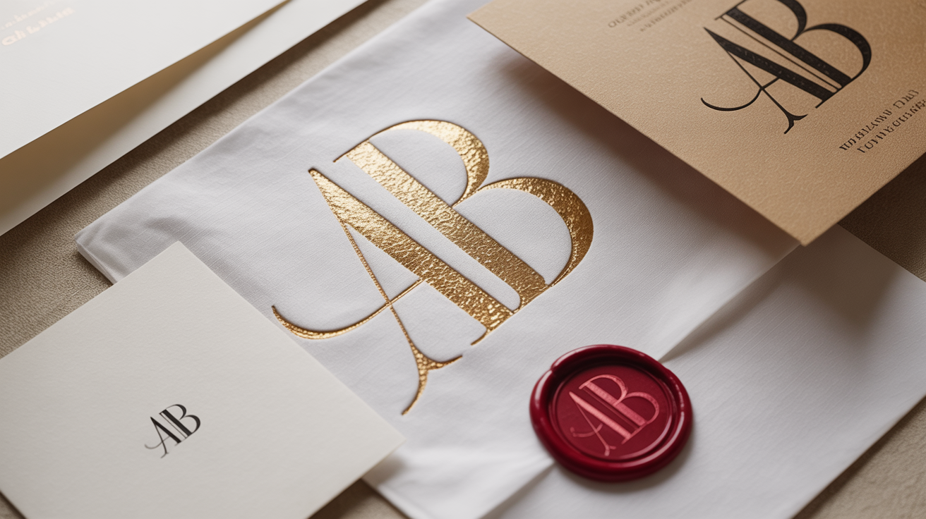 An elegant flat lay of custom monogram examples on a white background. A large gold foil monogram of the initials 'AB' is in the center, surrounded by a wedding invitation, business card, and wax seal, all featuring the same monogram design.