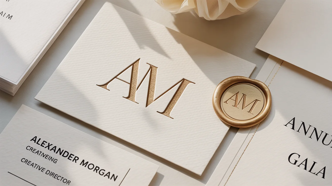 A sophisticated flat lay of personal branding items on a white background, featuring a business card and invitation with an elegant gold foil monogram of the initials 'AM'.