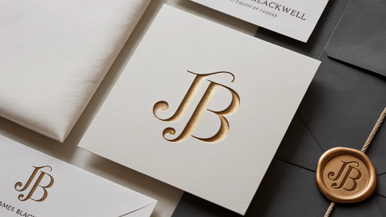 An elegant flat lay of a personal branding suite featuring a gold monogram of the initials 'JB' on a business card, letterhead, and wax seal against a clean white background.