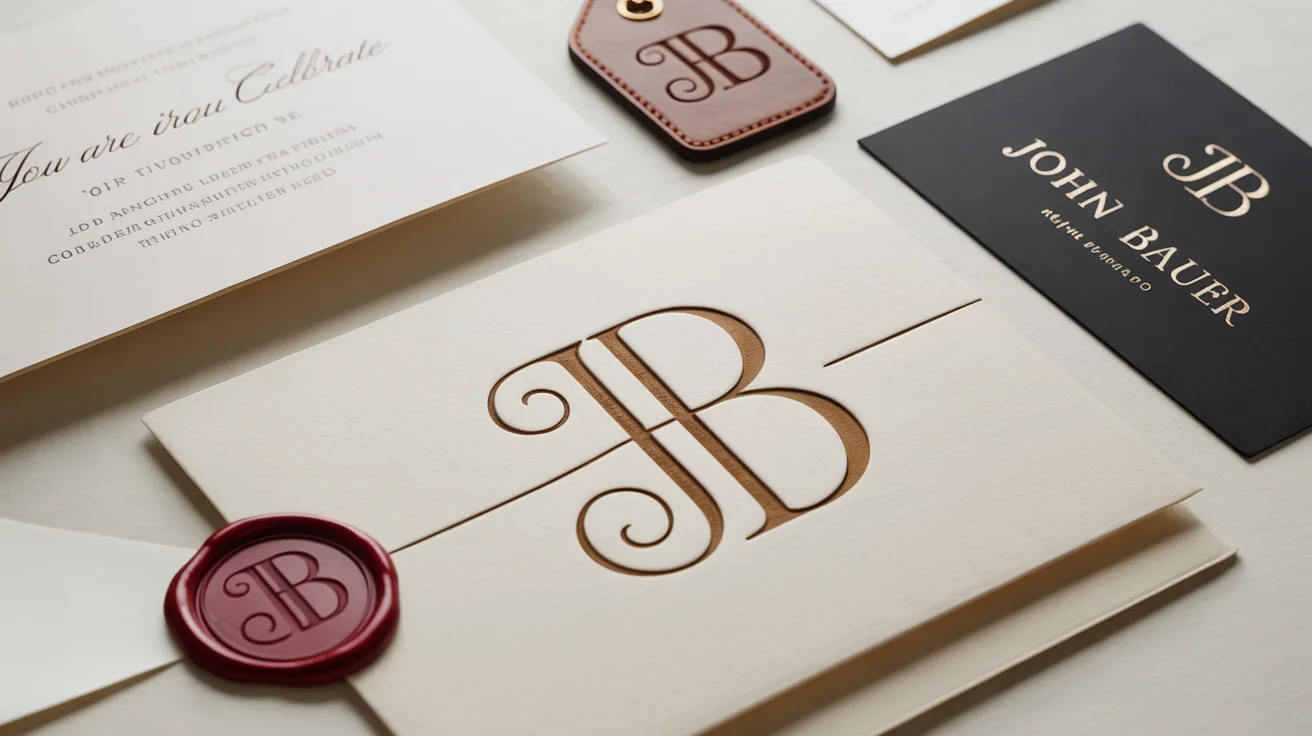 A flat lay mockup on a white background displaying various items branded with an elegant gold 'JB' monogram: a wedding invitation, a business card, a leather tag, and a wax seal.