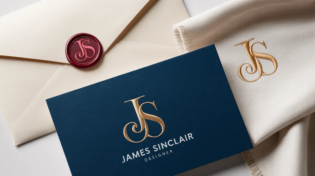 A sophisticated flat lay of branding materials on a white background, featuring a custom gold 'JS' monogram on a navy business card, a wax-sealed envelope, and an embroidered piece of linen.