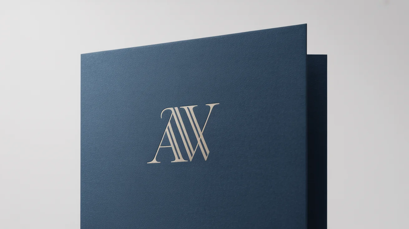 A sophisticated mockup of a custom monogram with the initials 'AW' embossed in matte gold on navy blue textured cardstock, placed on a clean white background.