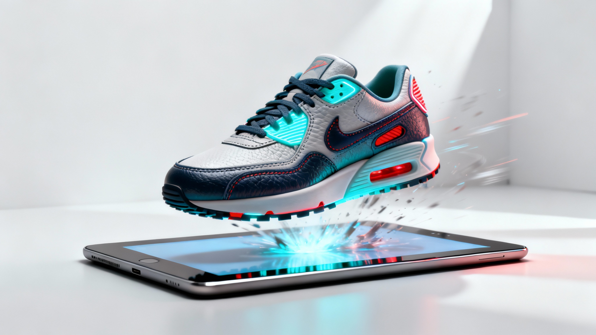 A 3D model of a colorful sneaker emerging from a tablet screen, demonstrating a service that converts photos into 3D models.