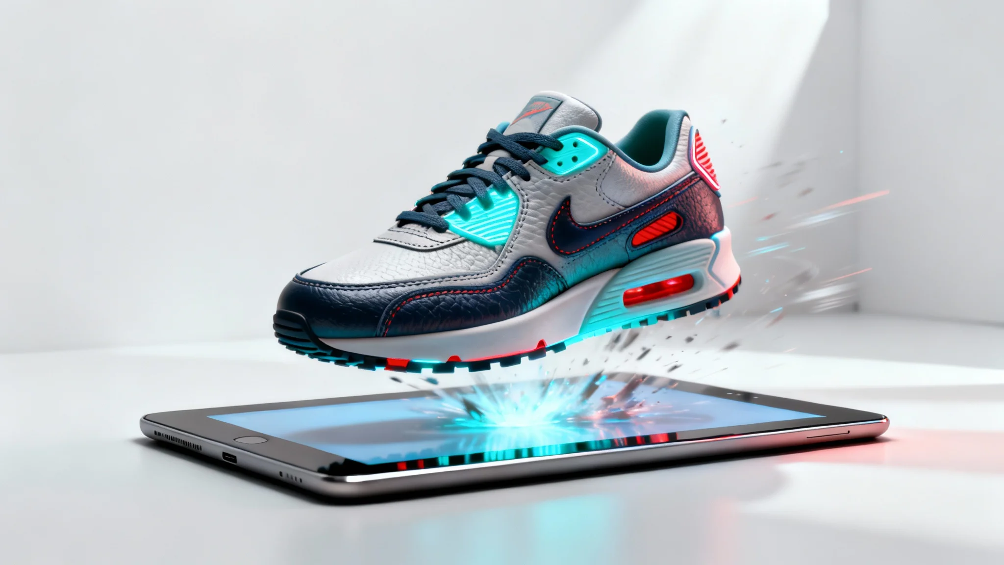 A 3D model of a colorful sneaker emerging from a tablet screen, demonstrating a service that converts photos into 3D models.