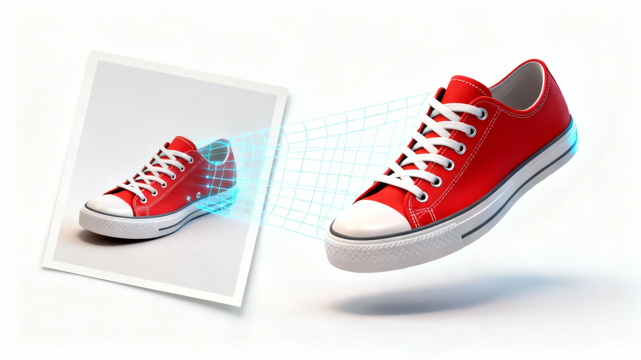 A visual representation of turning a photo into a 3D model, showing a photograph of a red sneaker on the left and a detailed 3D model of the same sneaker on the right, connected by a digital wireframe.