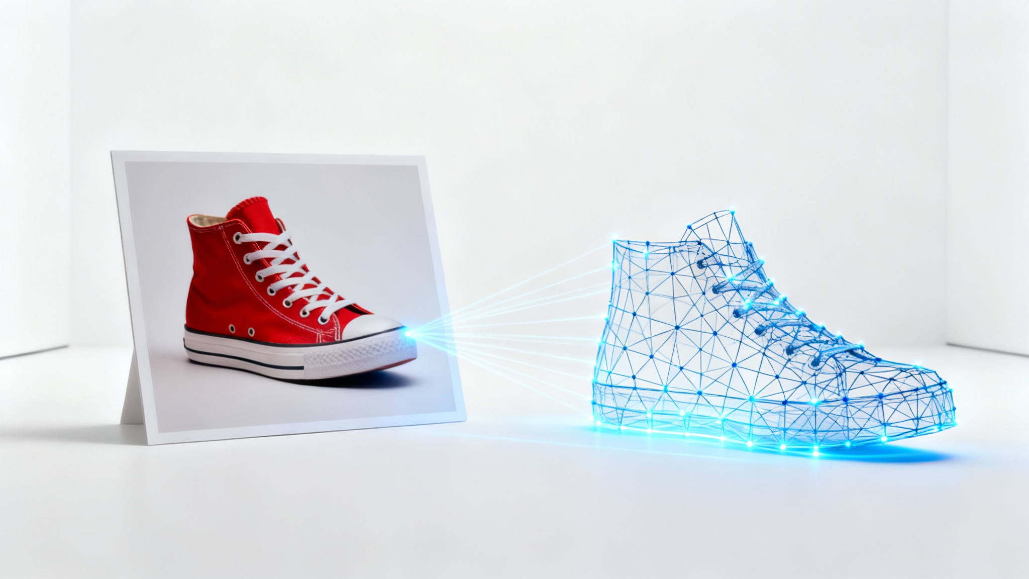 A conceptual image showing a photorealistic red sneaker on the left, which transforms into a glowing blue 3D wireframe model of the same sneaker on the right, against a clean white background.