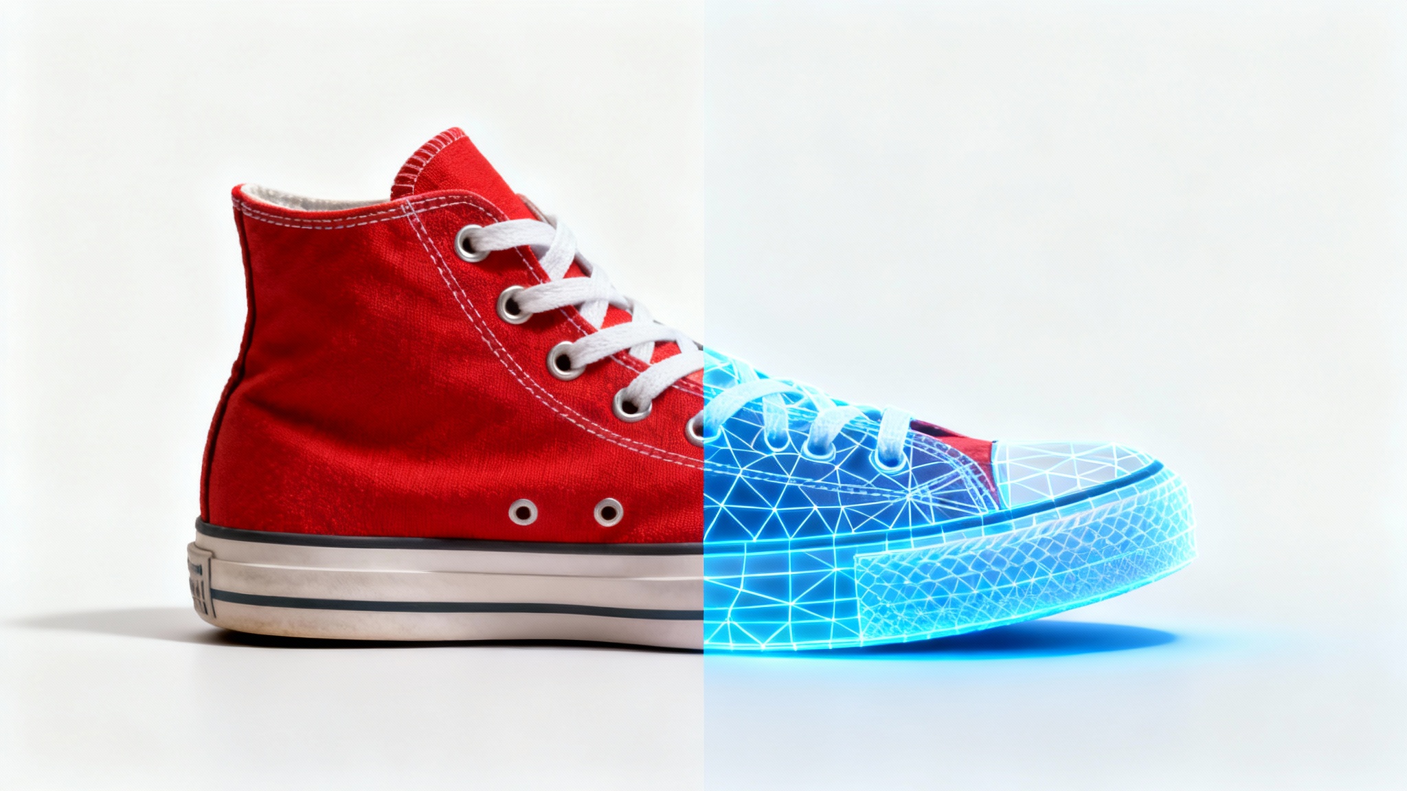 A photorealistic image of a sneaker, half of which is a full-color photo and the other half is a blue 3D wireframe model, demonstrating the conversion of a photo into a 3D model.