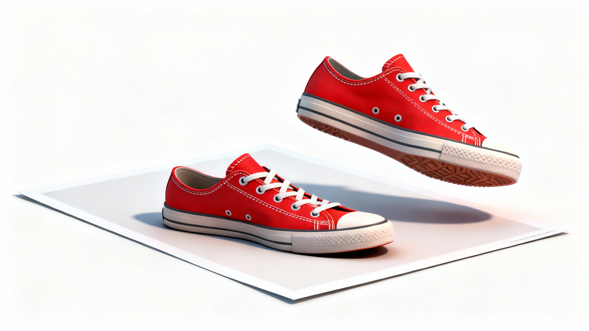 A hyper-realistic 3D model of a red sneaker emerging from a 2D photograph of the same sneaker, illustrating the concept of creating 3D models from photos.