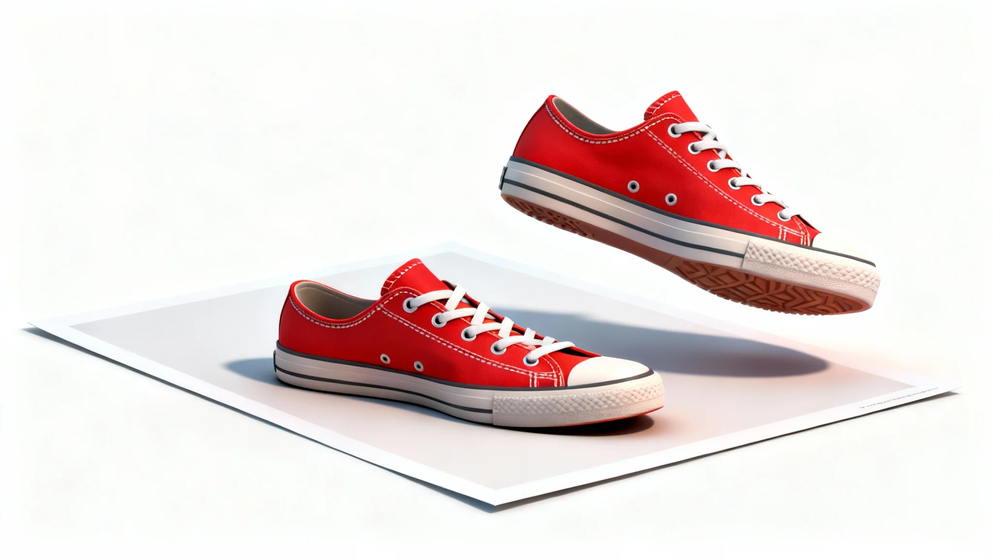 A hyper-realistic 3D model of a red sneaker emerging from a 2D photograph of the same sneaker, illustrating the concept of creating 3D models from photos.