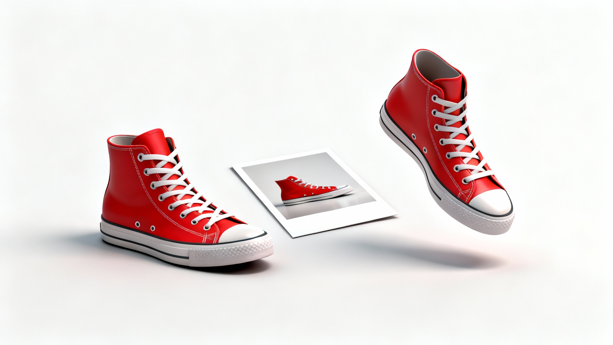 A conceptual image showing the process of creating a 3D model from a photo, featuring a real sneaker, a photograph of it, and a final 3D rendered model, all on a clean white background.