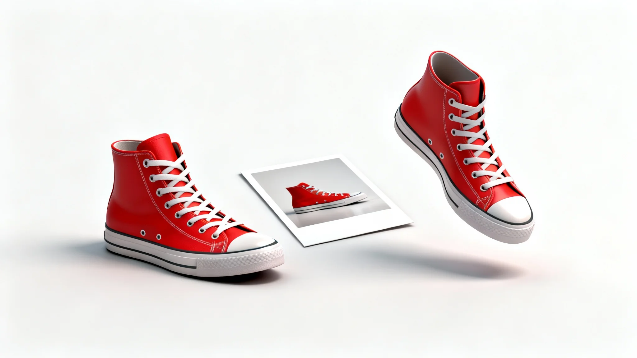 A conceptual image showing the process of creating a 3D model from a photo, featuring a real sneaker, a photograph of it, and a final 3D rendered model, all on a clean white background.