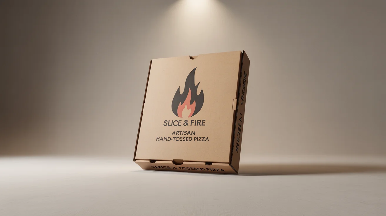 A professionally designed pizza box for a brand named 'Slice & Fire', showcased in a photorealistic mockup against a clean background.