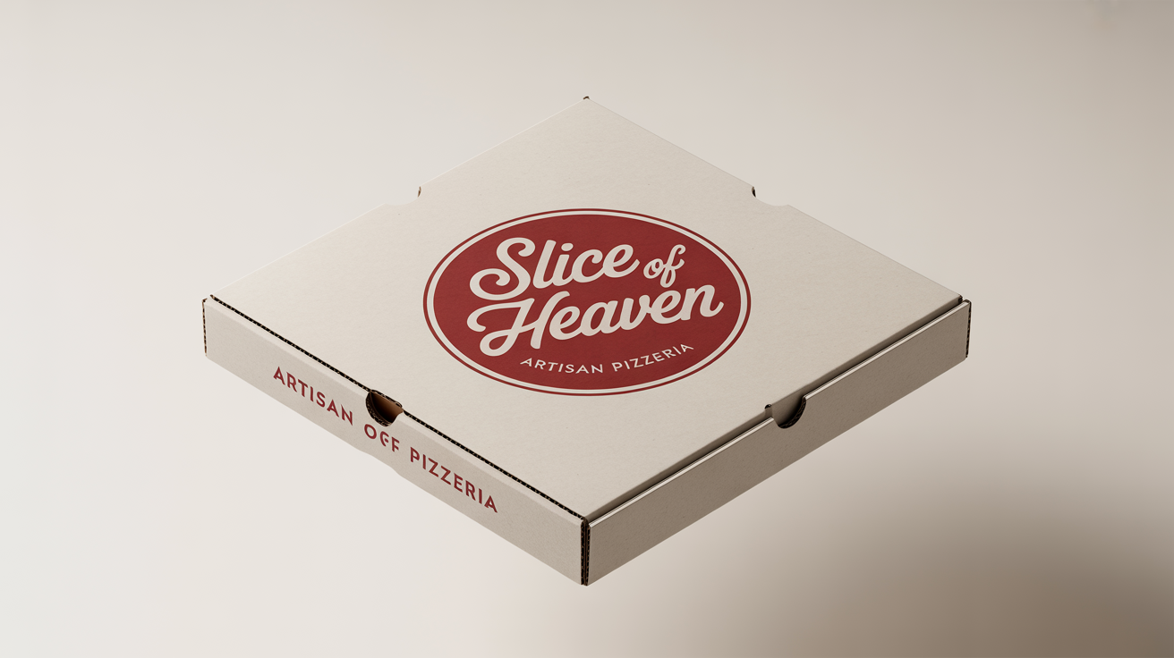 A photorealistic mockup of a closed white pizza box for 'SLICE of HEAVEN Artisan Pizzeria', displayed at an angle on a plain white background.