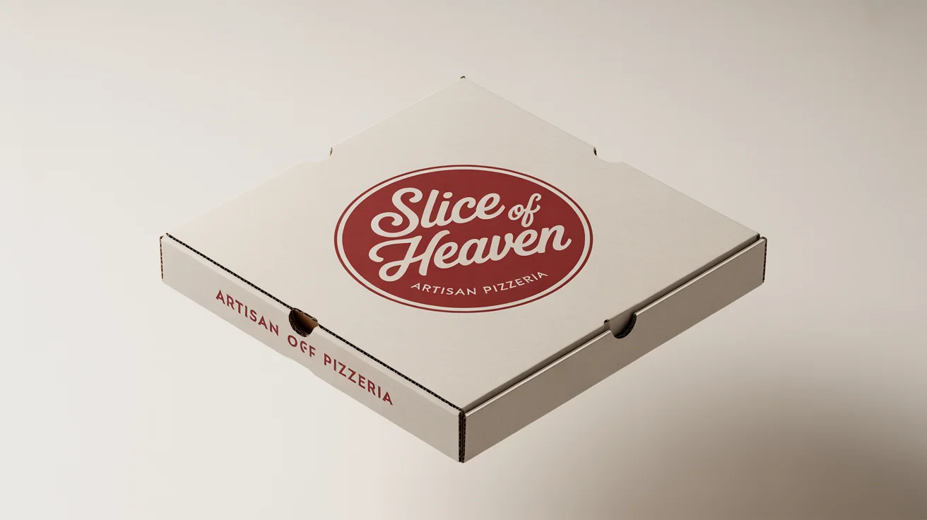 A photorealistic mockup of a closed white pizza box for 'SLICE of HEAVEN Artisan Pizzeria', displayed at an angle on a plain white background.