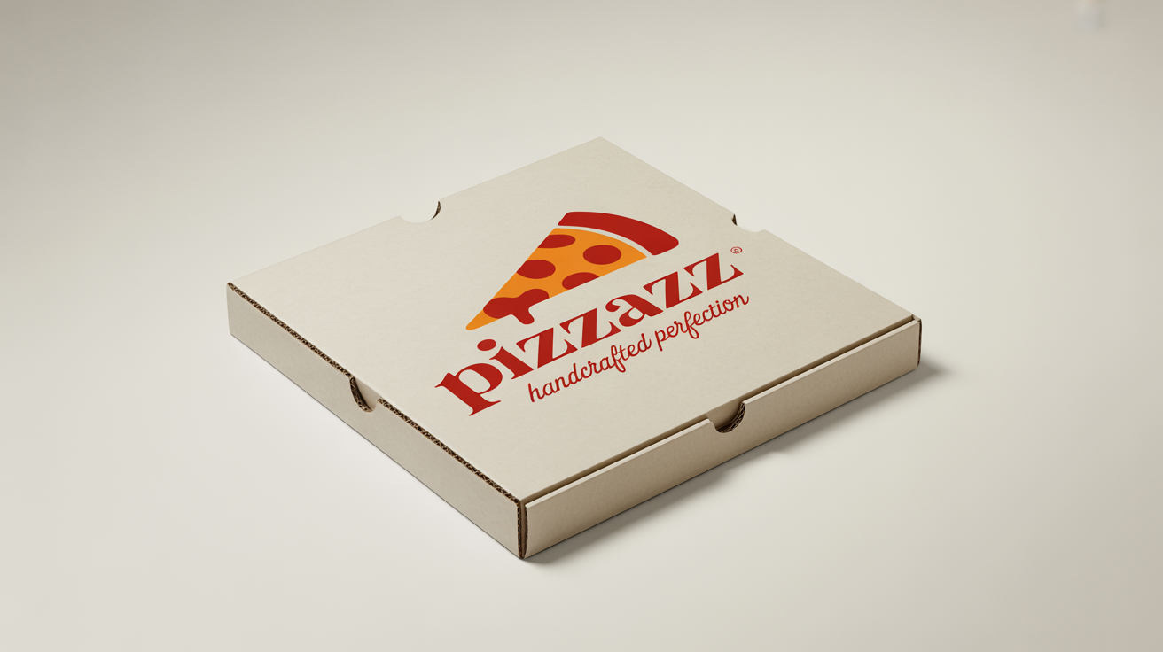A professional mockup of a white pizza box with a modern red and orange logo for a fictional brand named 'PIZZAZZ', set against a clean white background.