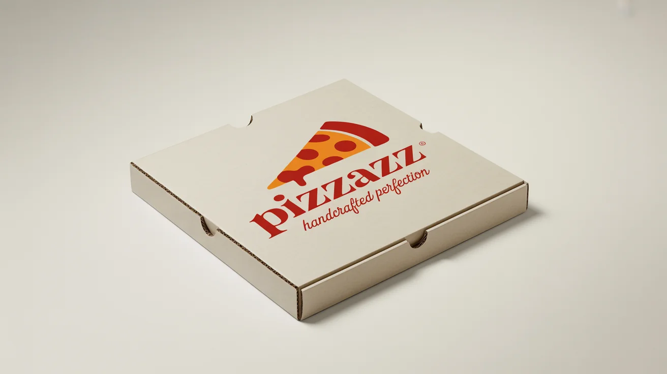 A professional mockup of a white pizza box with a modern red and orange logo for a fictional brand named 'PIZZAZZ', set against a clean white background.