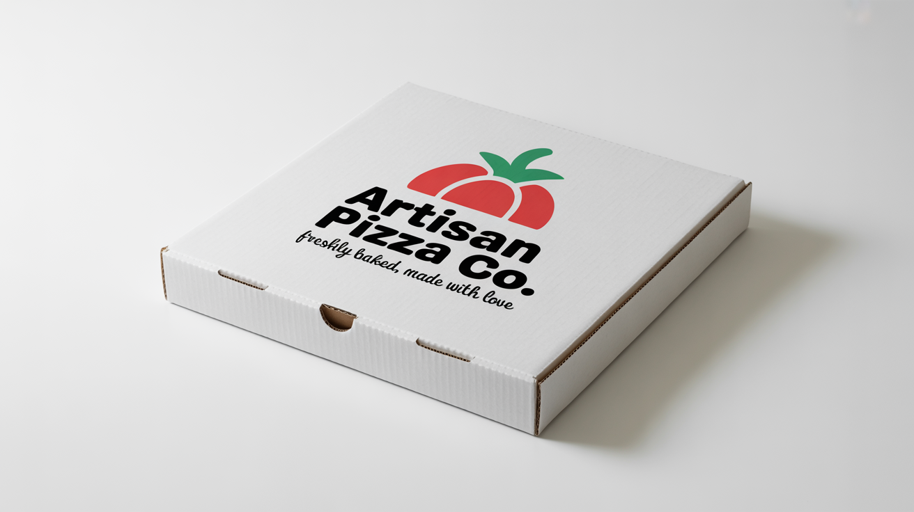 A photorealistic mockup of a closed white pizza box with the brand name 'Artisan Pizza Co.' and a tomato logo, set against a plain white background.