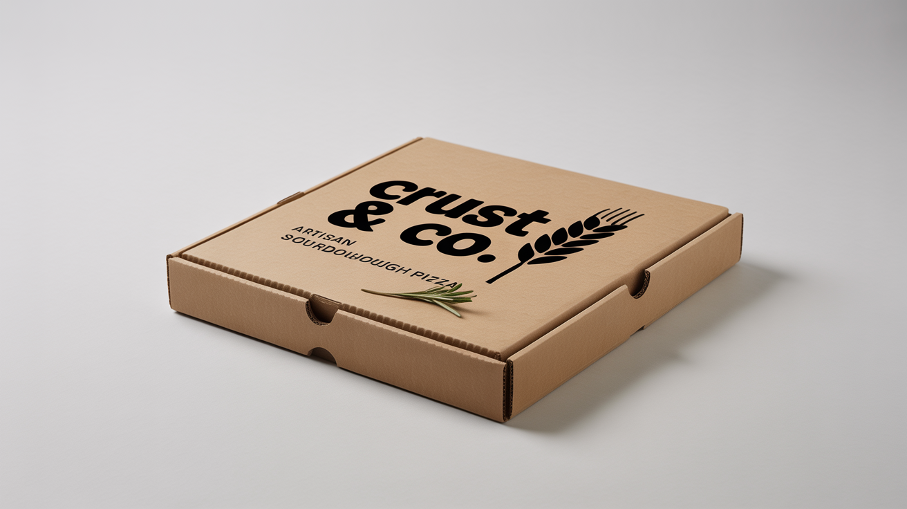 A photorealistic mockup of a closed, brown cardboard pizza box with a modern black and white logo that reads 'CRUST & CO. Artisan Sourdough Pizza', set against a plain white background.