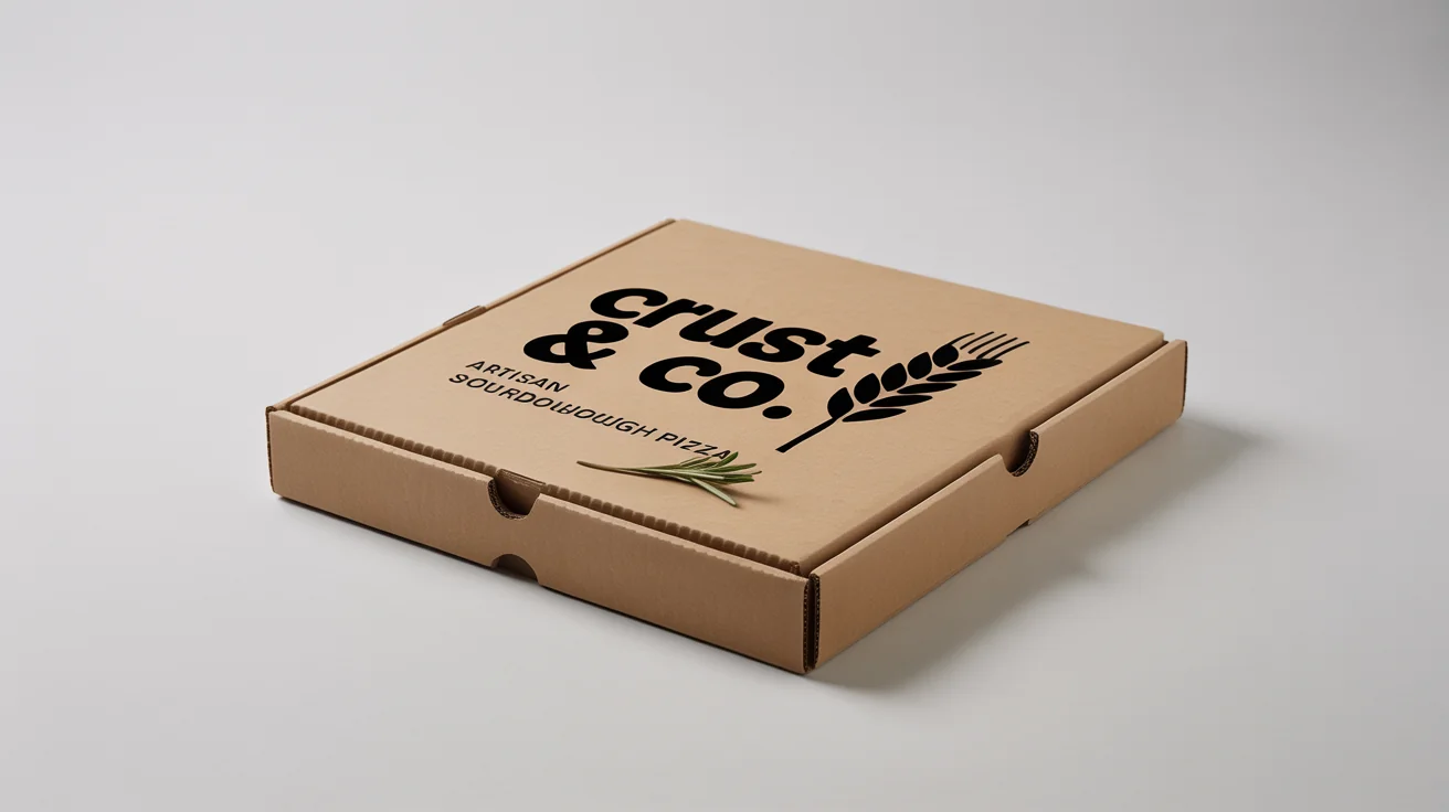 A photorealistic mockup of a closed, brown cardboard pizza box with a modern black and white logo that reads 'CRUST & CO. Artisan Sourdough Pizza', set against a plain white background.