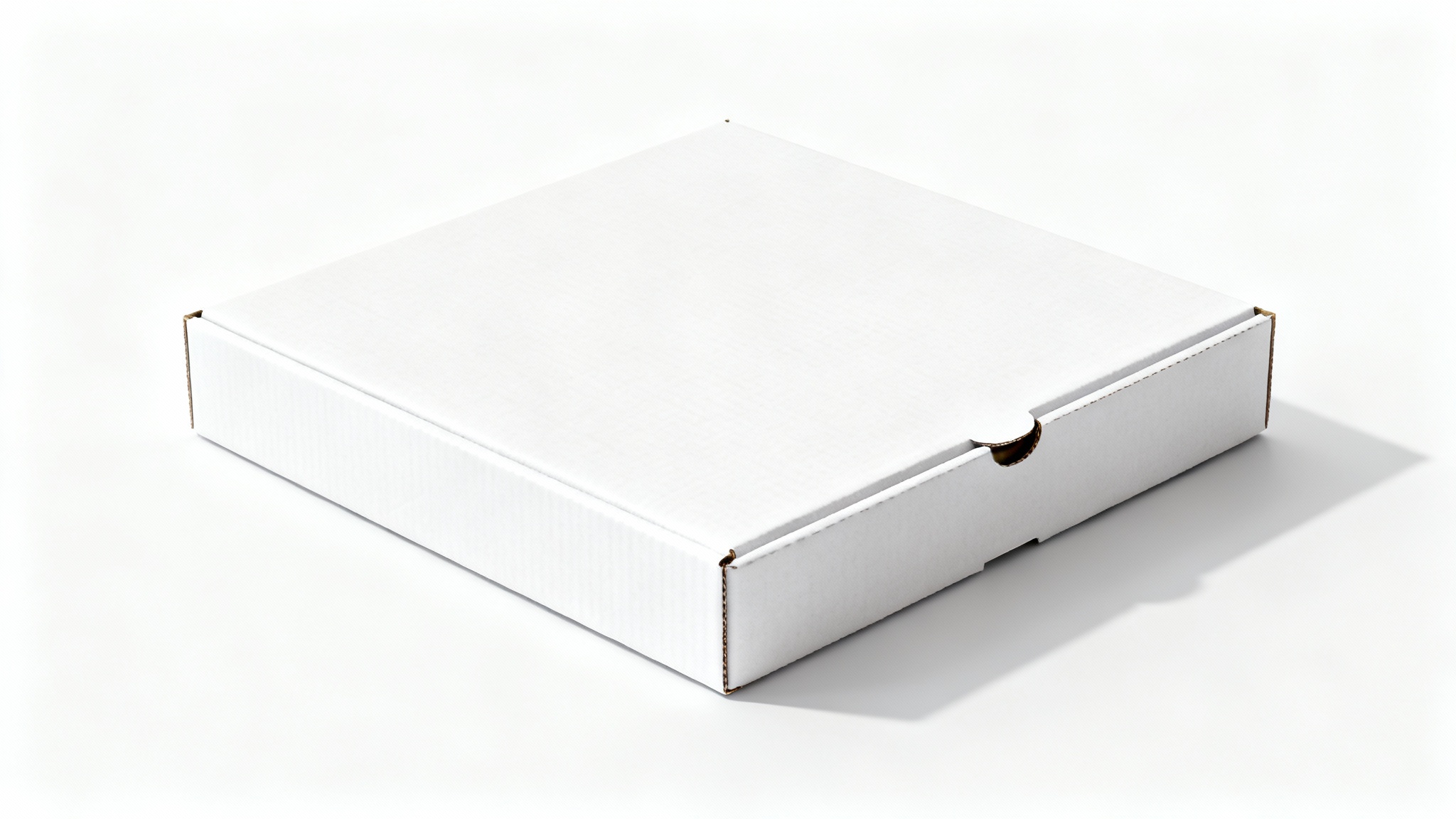 A professional product mockup of a clean, white, closed pizza box shown at an angle on a solid white background, ready for a custom design.