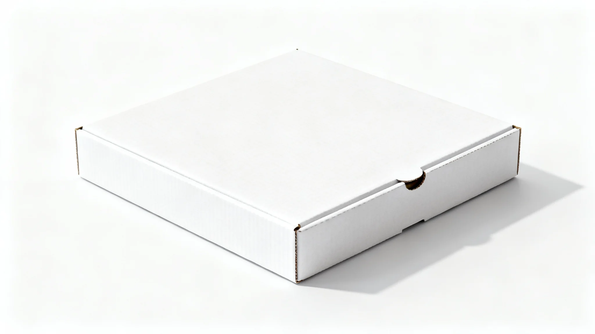 A professional product mockup of a clean, white, closed pizza box shown at an angle on a solid white background, ready for a custom design.