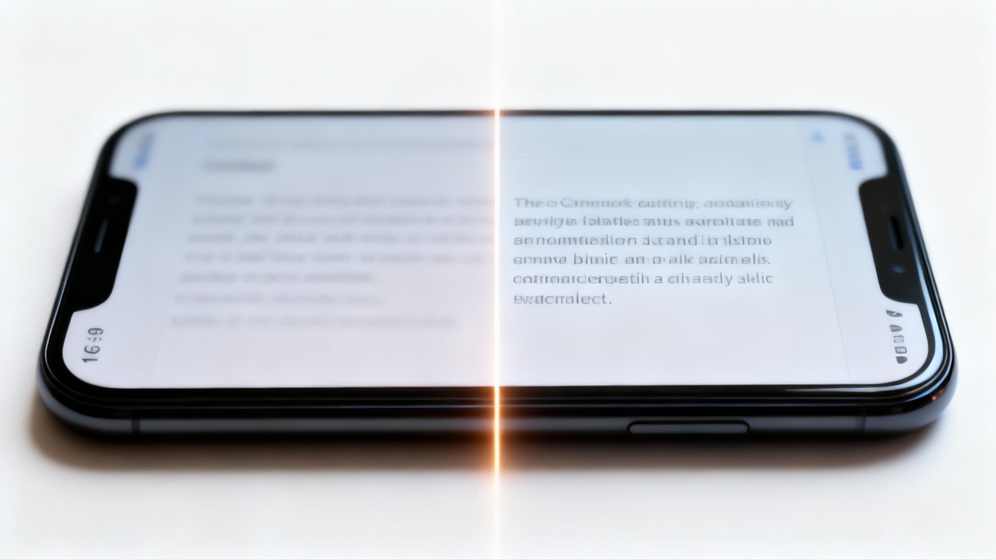 A split-screen comparison image on a smartphone screen. The left side displays blurry, illegible text, and the right side displays the same text made perfectly sharp and clear, demonstrating the result of a blurry text fixer tool.