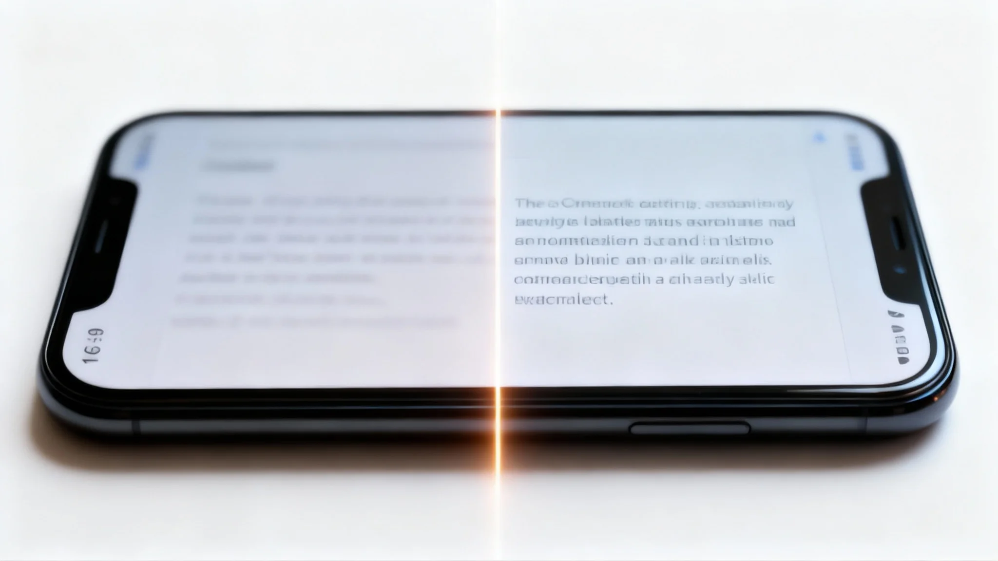 A split-screen comparison image on a smartphone screen. The left side displays blurry, illegible text, and the right side displays the same text made perfectly sharp and clear, demonstrating the result of a blurry text fixer tool.