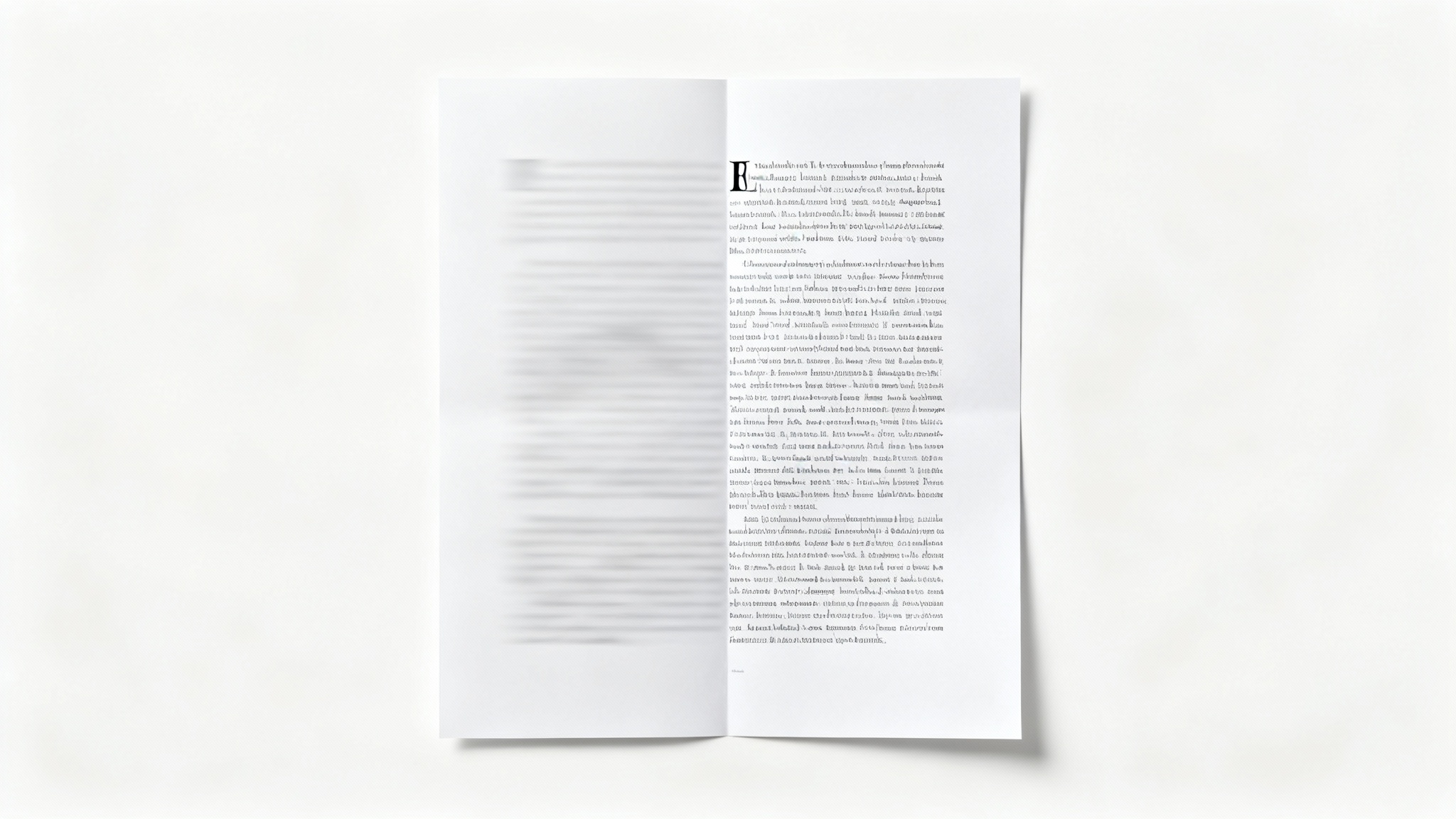 A side-by-side comparison showing a page of text. The left side is extremely blurry and unreadable, while the right side is perfectly sharp and clear, demonstrating a text-fixing effect.