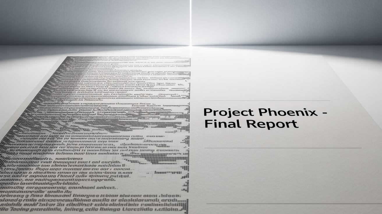 A split-screen comparison image demonstrating a blurry text fixer. The left side shows unreadable, blurry text, and the right side shows the same text perfectly sharp and clear, with the words 'Project Phoenix - Final Report' visible.