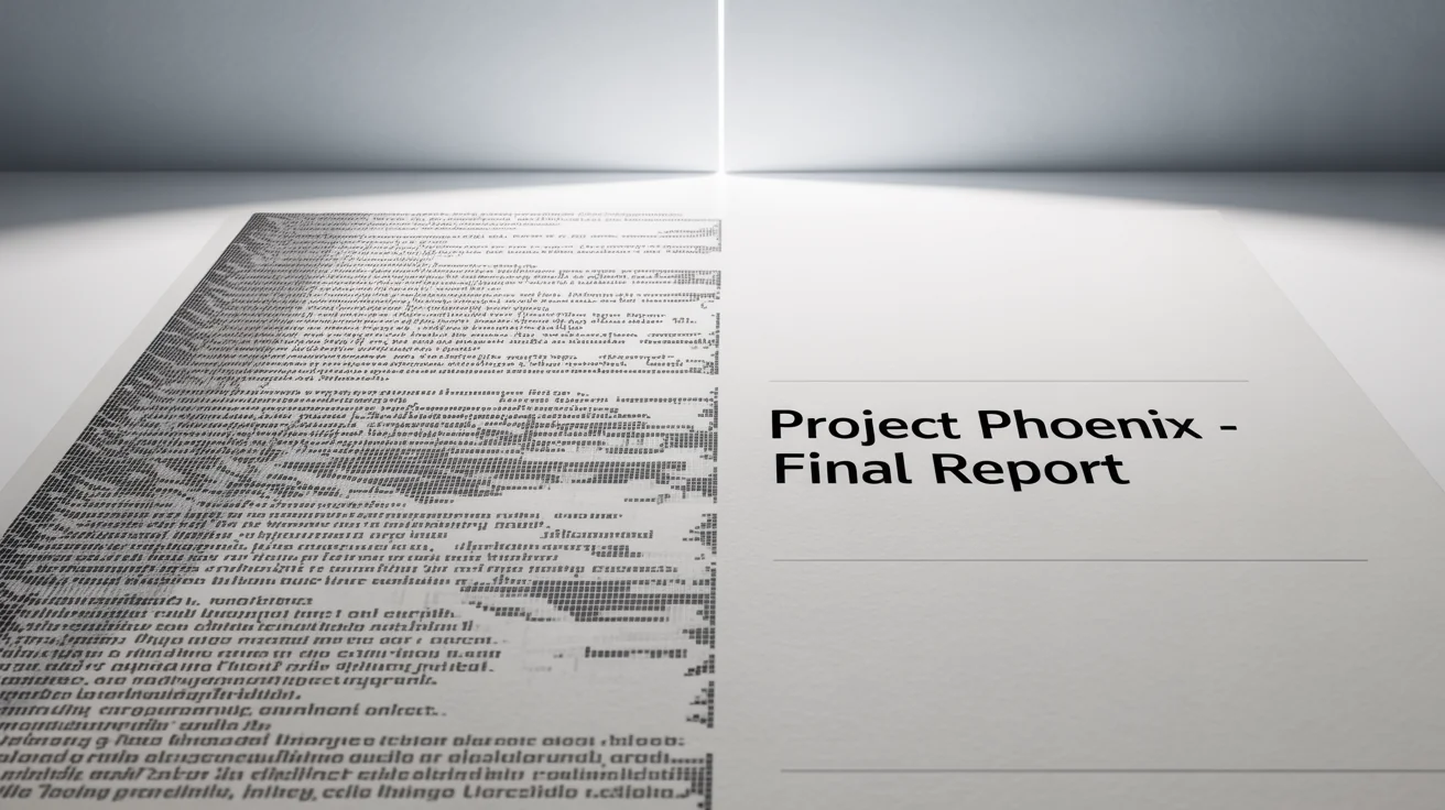 A split-screen comparison image demonstrating a blurry text fixer. The left side shows unreadable, blurry text, and the right side shows the same text perfectly sharp and clear, with the words 'Project Phoenix - Final Report' visible.