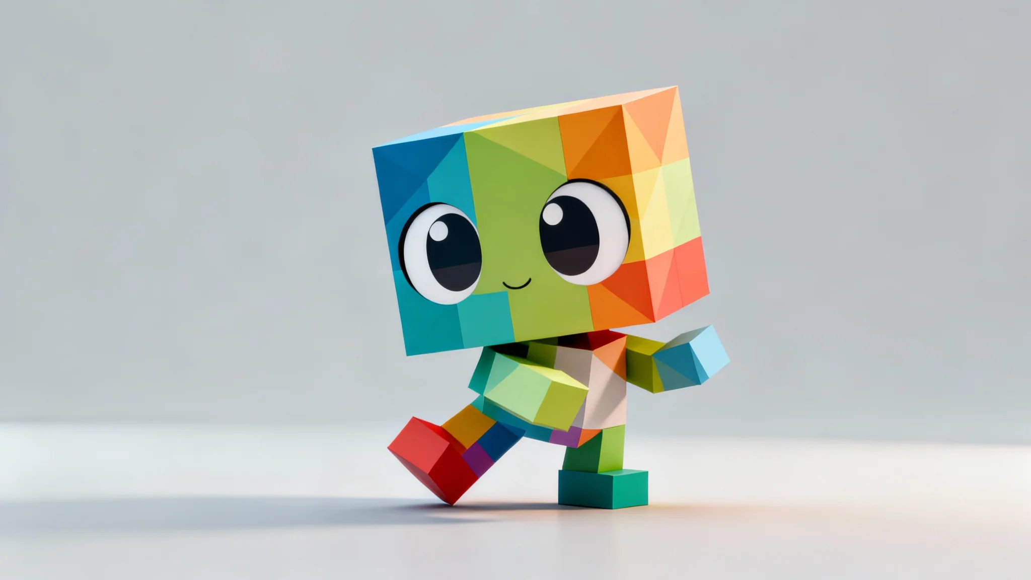 A finished 3D low-poly model of a cute character with blocky features and large eyes, standing on a clean studio background. The model is fully rendered with professional lighting, showcasing the final result of a 3D modeling process.