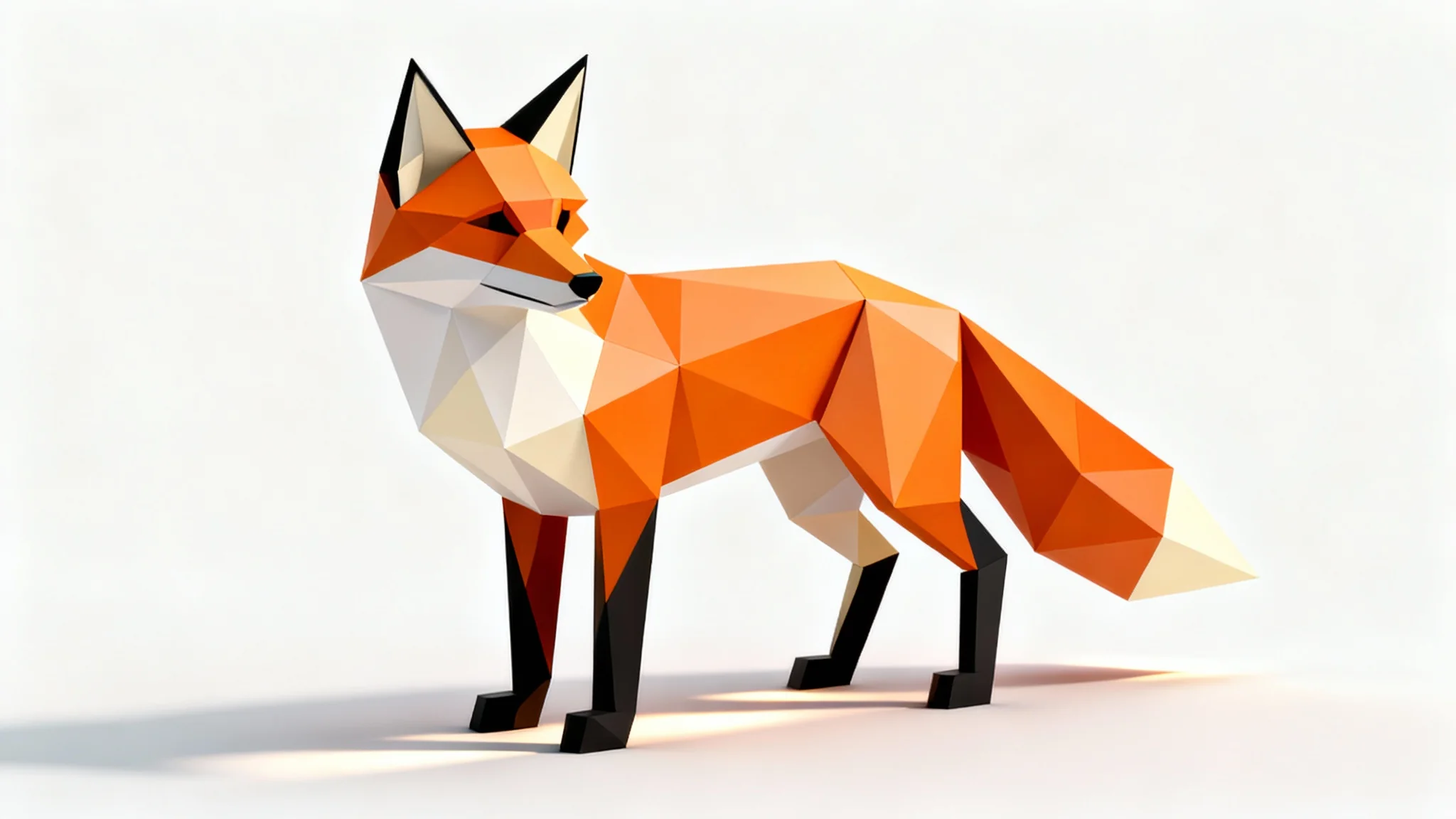 A 3D digital model of a fox created in a low poly style, featuring geometric facets in orange and white, standing on a flat surface against a white background.
