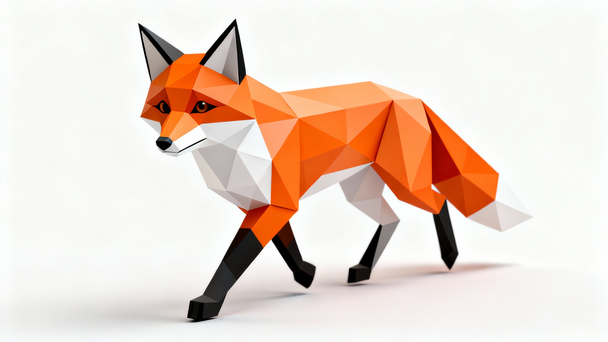 A 3D low poly model of a vibrant orange fox in a dynamic pose, set against a stark white background, showcasing its geometric design.