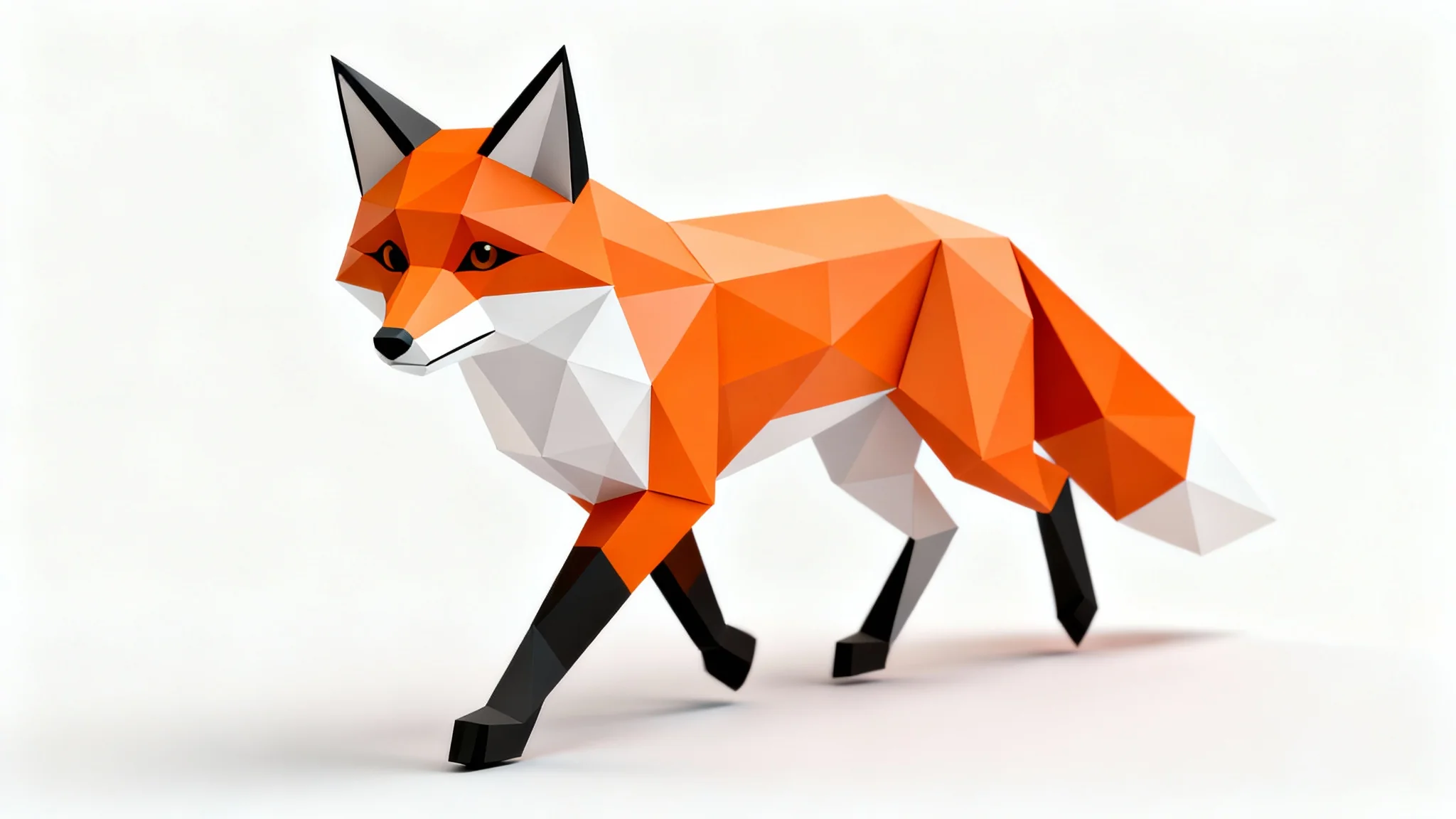 A 3D low poly model of a vibrant orange fox in a dynamic pose, set against a stark white background, showcasing its geometric design.