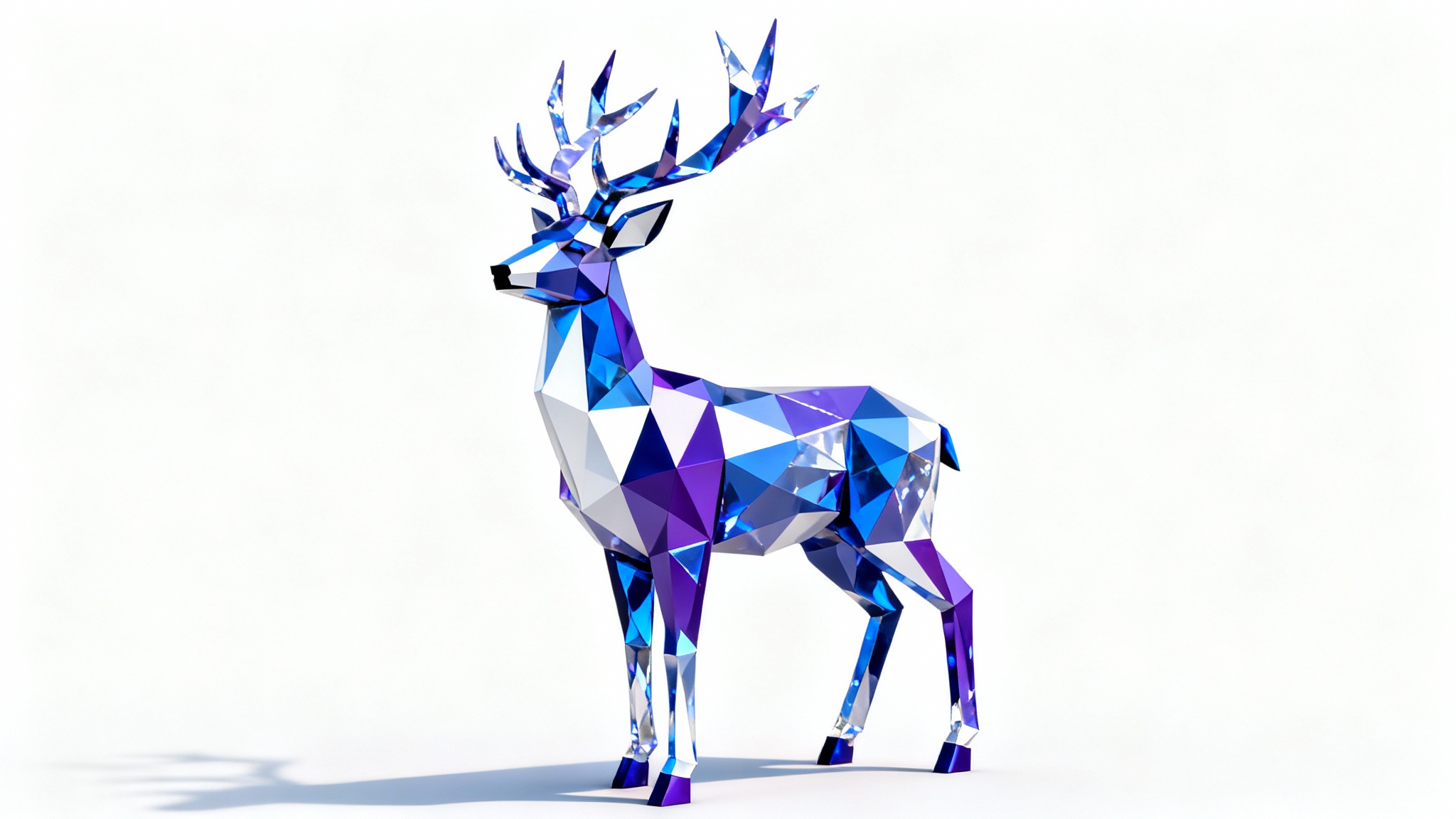 A digital 3D model of a stag created in a low poly style, featuring geometric facets in shades of blue and purple, against a clean white background.