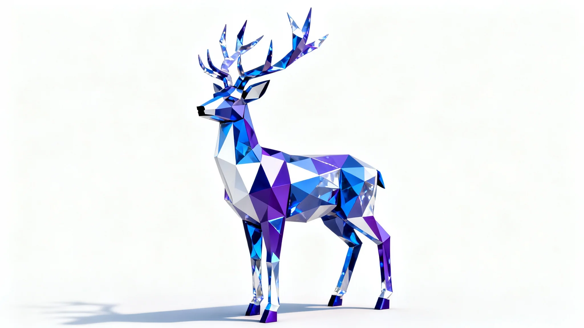 A digital 3D model of a stag created in a low poly style, featuring geometric facets in shades of blue and purple, against a clean white background.