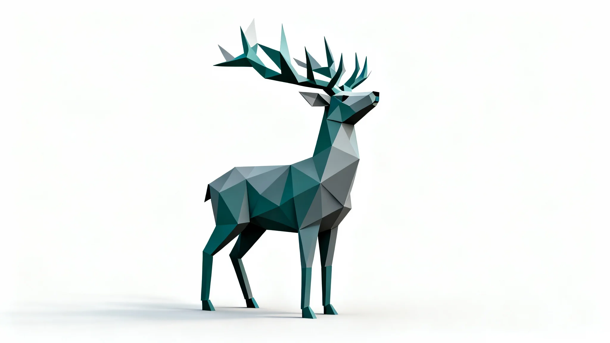 A digital 3D model of a stag created in a low poly style, featuring visible geometric facets in shades of teal and gray, standing against a clean white background.