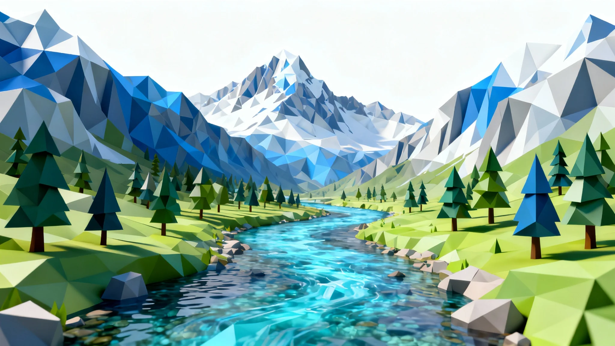 A digital 3D model of a mountain landscape in a low poly style, featuring sharp geometric shapes, a flowing river, and minimalist trees against a clean white background.