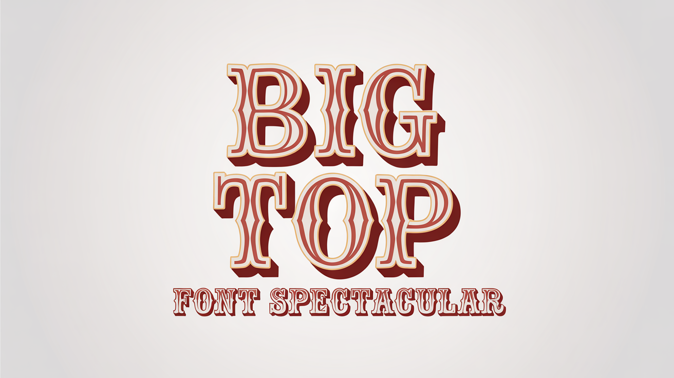 A graphic design mockup of a Big Top circus font, showing the words 'Big Top Font Spectacular' in a decorative red, white, and yellow 3D style against a plain white background.