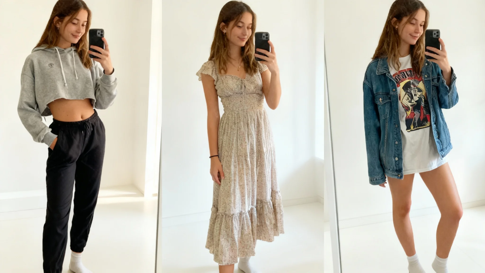 A vibrant 16:9 collage of three professionally edited mirror selfies of a young woman, showcasing flawless skin, perfect lighting, and sharp clothing details after using a selfie editing tool.