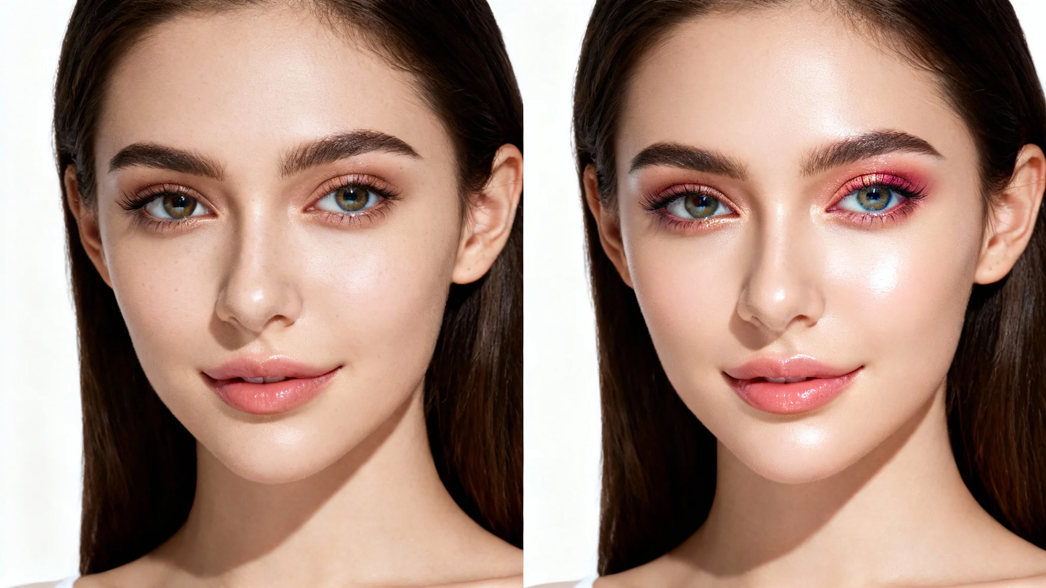 A split-screen comparison image showing a woman's face. The left side is a natural, unedited photo, and the right side is professionally retouched to be smooth, bright, and flawless, demonstrating the effect of selfie editing.