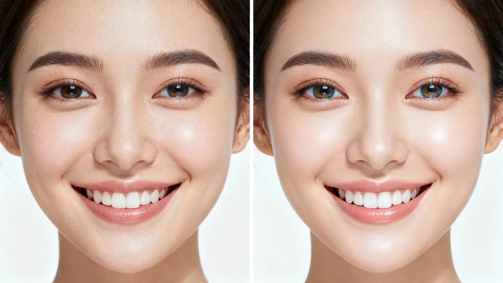 A split-screen comparison image showing the effect of selfie editing. The left side shows a natural portrait of a woman, and the right side shows the same portrait enhanced with smoother skin and brighter features.