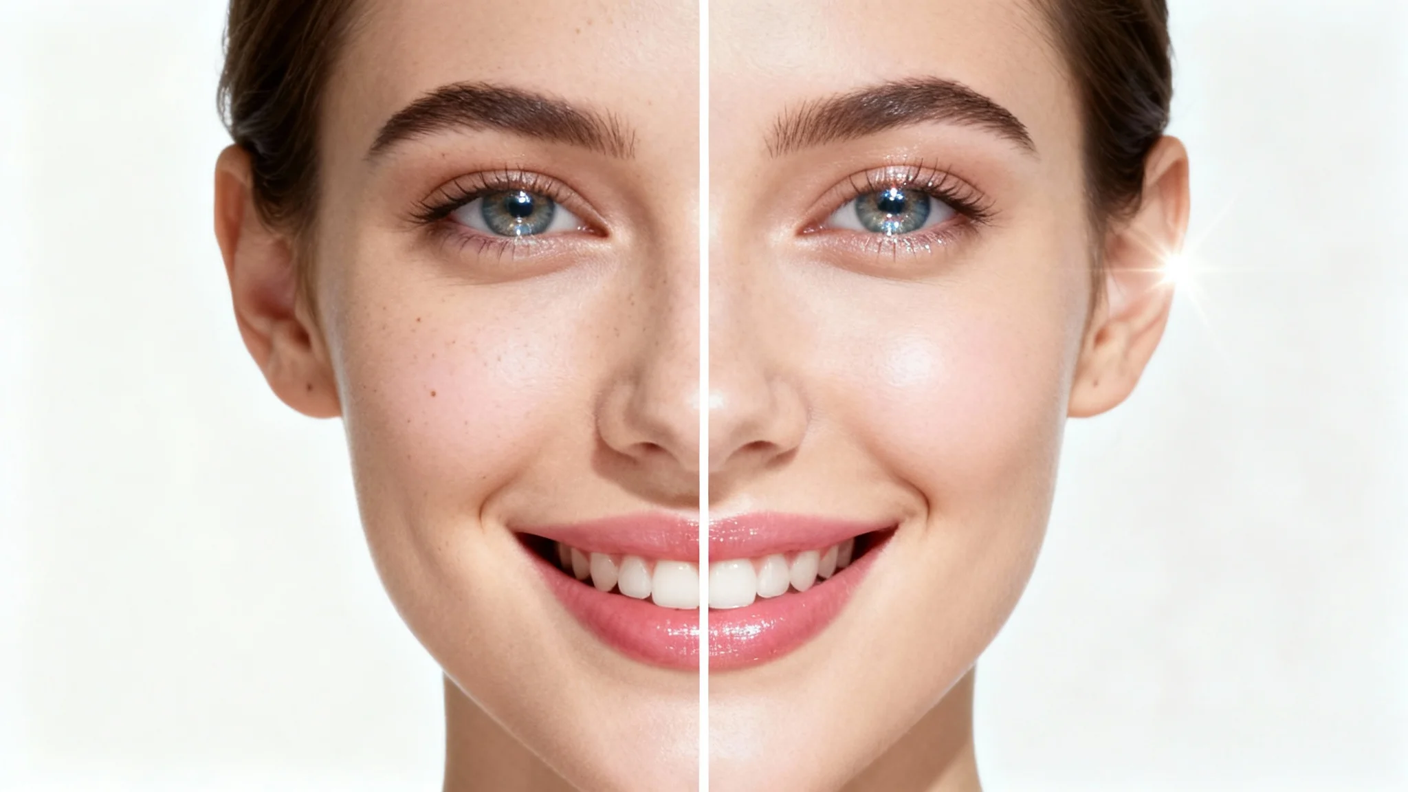 A split-screen portrait of a woman's face showing a before-and-after effect of selfie editing. The left side is unedited, and the right side is enhanced with smooth skin and bright eyes.