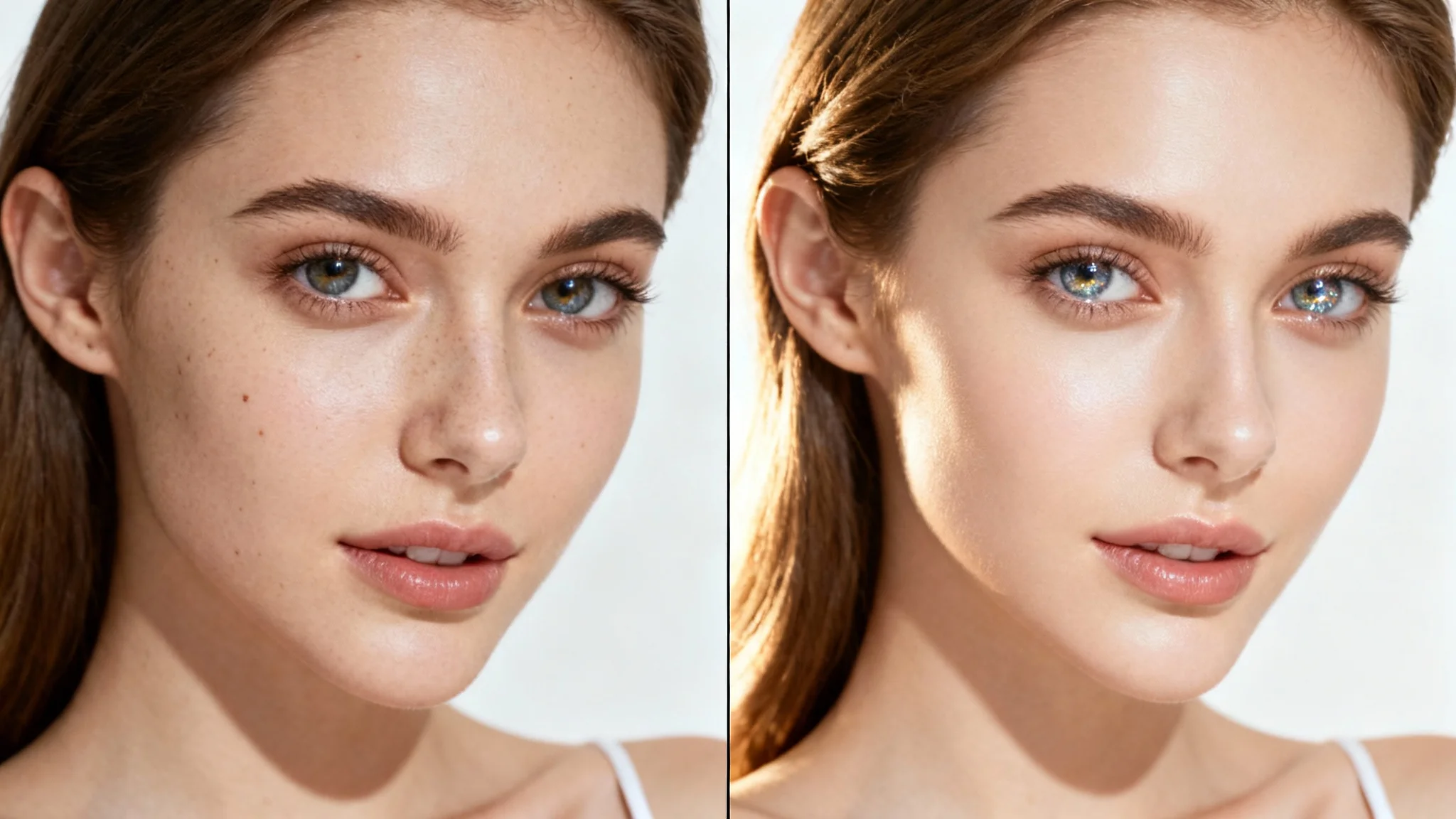 A side-by-side comparison of a selfie before and after editing. The 'before' image shows a woman with natural skin, while the 'after' image shows her with perfectly smooth skin and enhanced, brighter features.