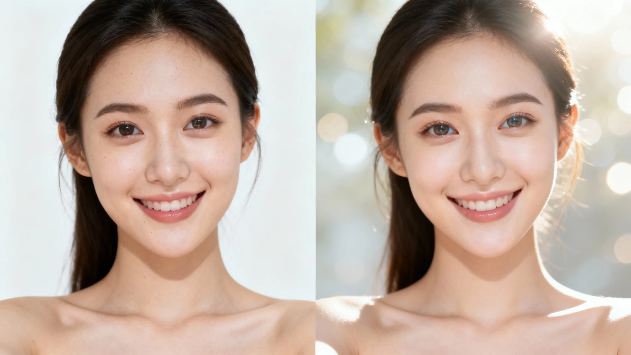 A before-and-after comparison of a woman's selfie. The 'before' image is a standard, unedited photo, while the 'after' image shows the same photo enhanced with smoother skin, brighter eyes, and professional lighting, demonstrating the result of selfie editing.