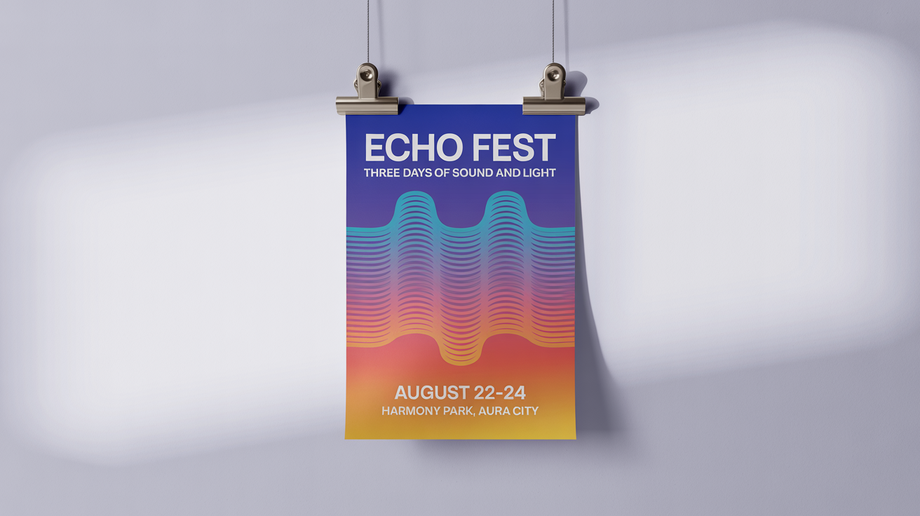 A photorealistic mockup of a modern music festival poster titled 'ECHO FEST', featuring vibrant abstract graphics and event details, clipped against a clean white background.