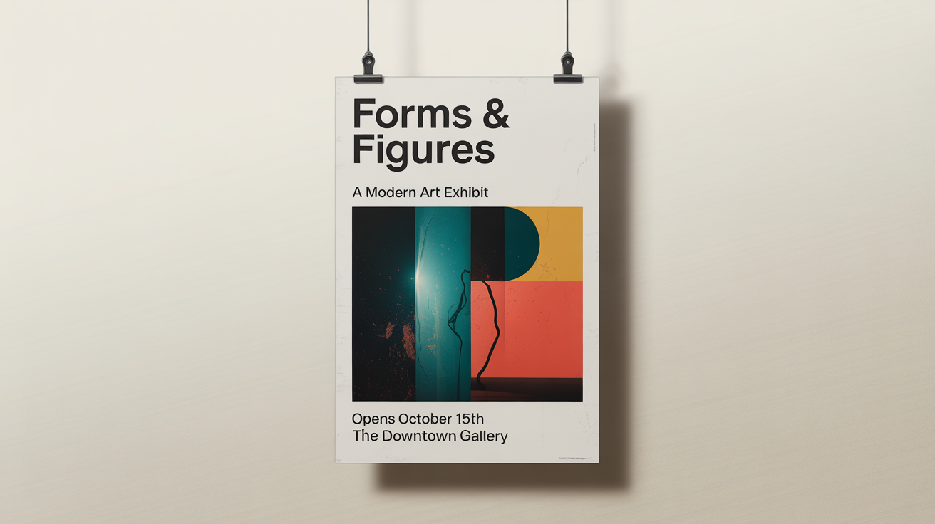 A realistic mockup of a modern poster for a fictional art exhibit titled 'Forms & Figures', hanging against a plain wall.