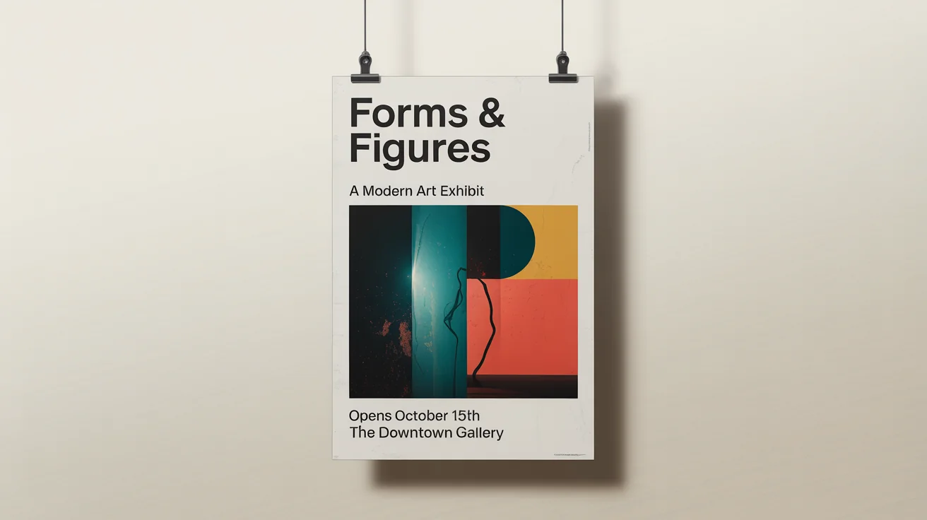 A realistic mockup of a modern poster for a fictional art exhibit titled 'Forms & Figures', hanging against a plain wall.