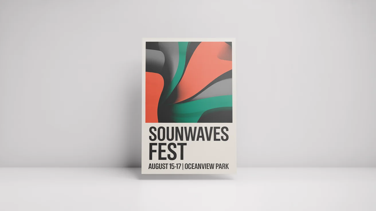 A photorealistic mockup of a modern music festival poster titled 'SOUNDWAVES FEST' with abstract designs, set against a clean white background to showcase its design.